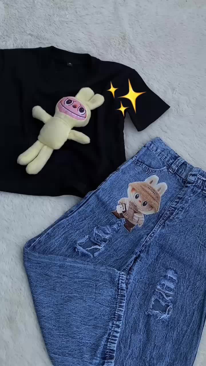 SETELAN KULOT JEANS & KAOS CROPTOP ANAK PEREMPUAN
