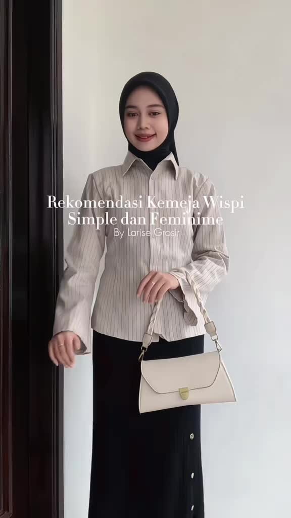 Kemeja Wanita Stripe Lengan Flare Panjang Casual / Kerja - Kemeja Wispi Kemeja Kerja Wanita Press Body Salur  Baju Atasan Kerah Basic Lengan Cutbray