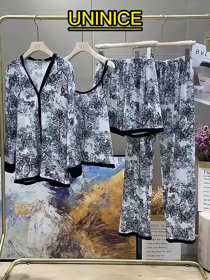UNINICE COD Set Pakaian Rumah Bermotif Lukisan Tinta Piyama Tipis Longgar Set 4 Potong