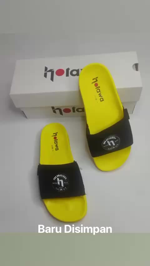 KOTAWA_Sandal Selop Pria Wanita Kasual Distro Kanvas PU Black Yellow Karet Shoes
