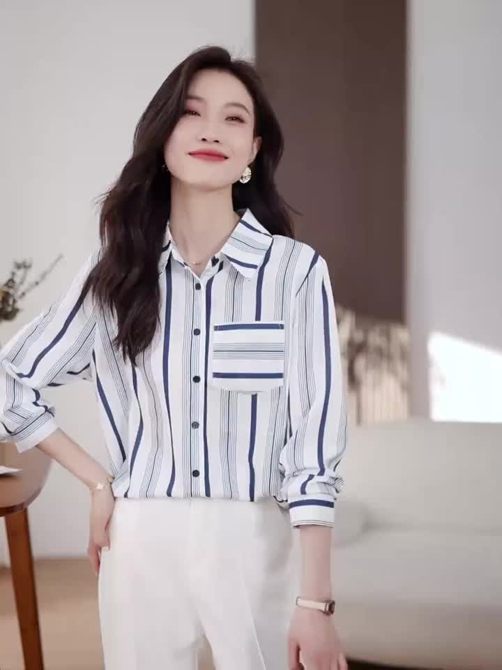 High Quality Fabric Split Back Design Blue Striped Fashion Korean Long Sleeved Shirt for Women Casual Party Top Wanita Atasan Panjang Polyester Hitam,Pendek,Retro,Motif,Biru