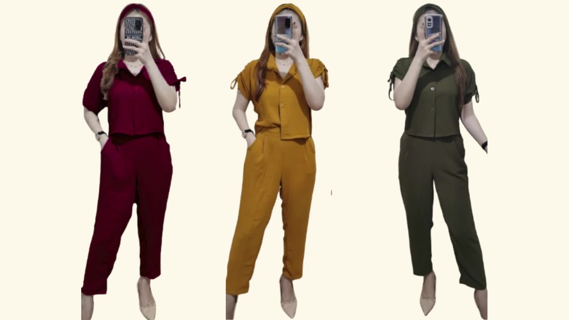 Kemeja Crop One Set Basic Wanita Tangan Serut Pendek Warna Maroon Baju Setelan Celana Panjang Pinggang Karet