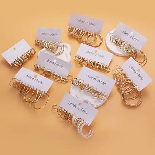 5~6 pasang/set Anting Mutiara Retro Geometris Emas, Aksesori Lingkaran Logam Kupu-Kupu Trendi