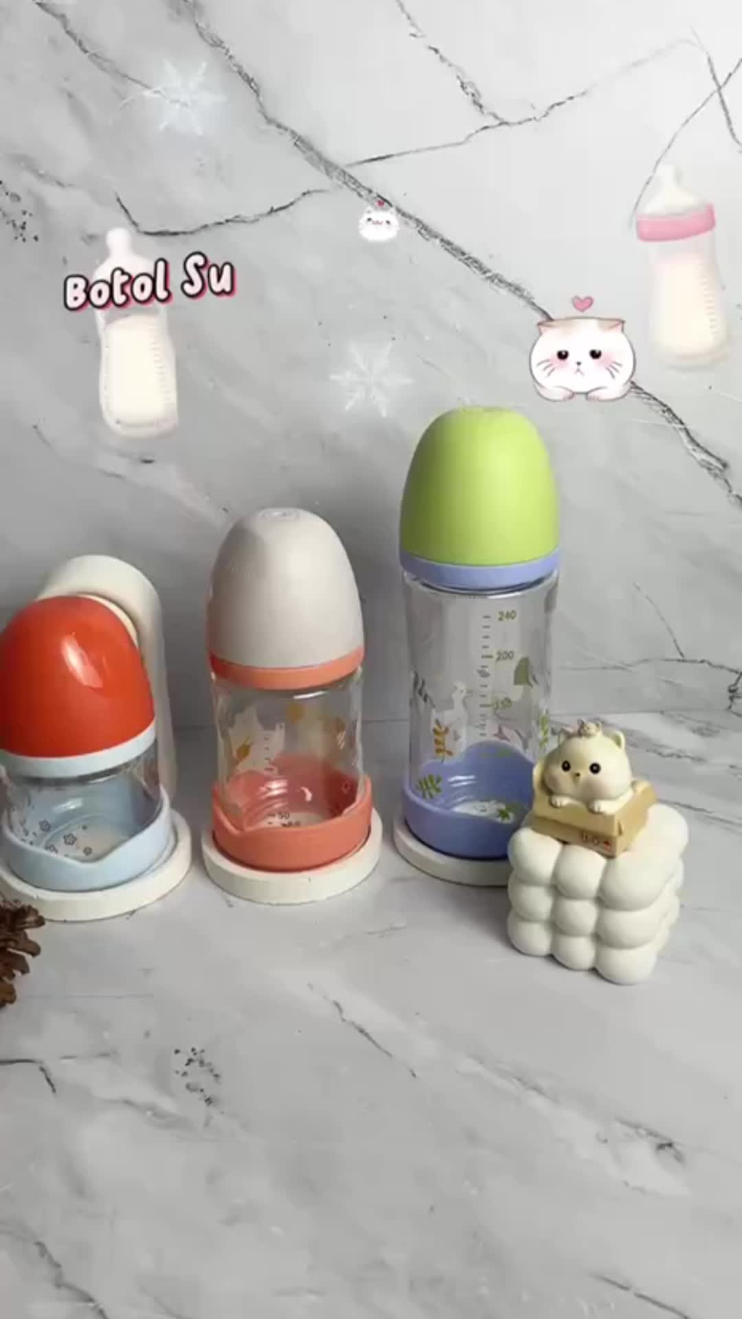 Minitutu Botol Susu Kaca Bayi Karakter BPA Free Botol Susu Bayi 3 Bulan Keatas Wide Neck BB24