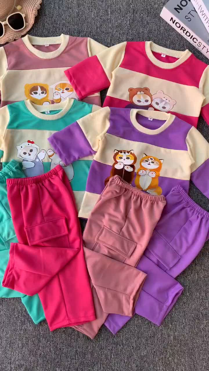 Mofusand Baju Setelan Anak Perempuan Teddy Meow Strip Salur Fashion Motif Celana one set