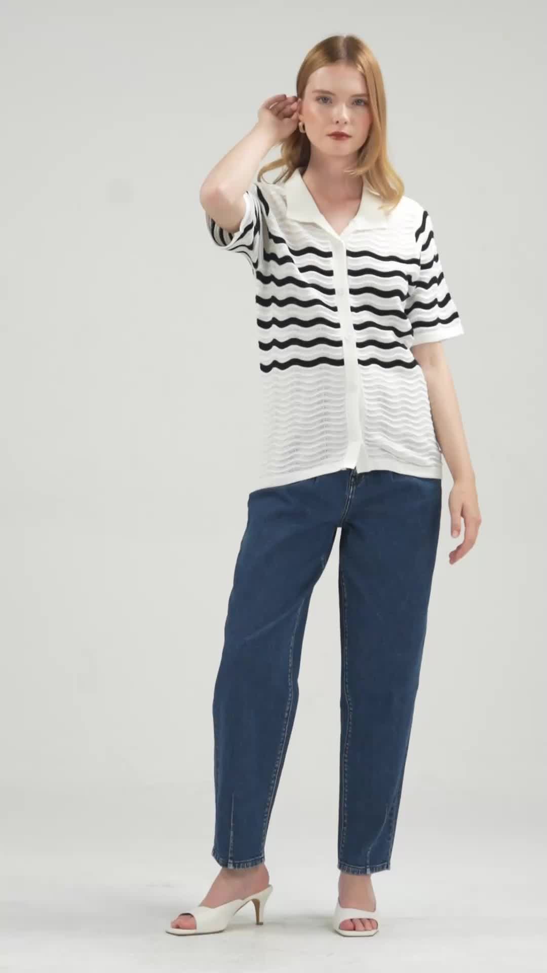 MINIMAL - Venna - Kemeja Rajut Wanita Motif Garis - White