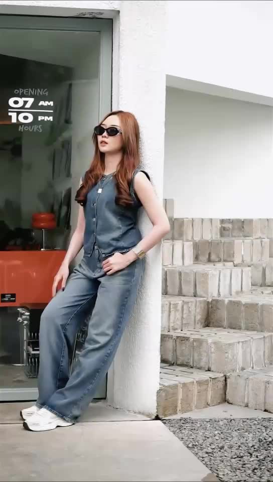 Enzy One Set Jeans Wanita - Atasan Vest & Celana Panjang Loose Fit - Bahan Katun Tebal Non Stretch - Nyaman & Modis - Size S-XXL