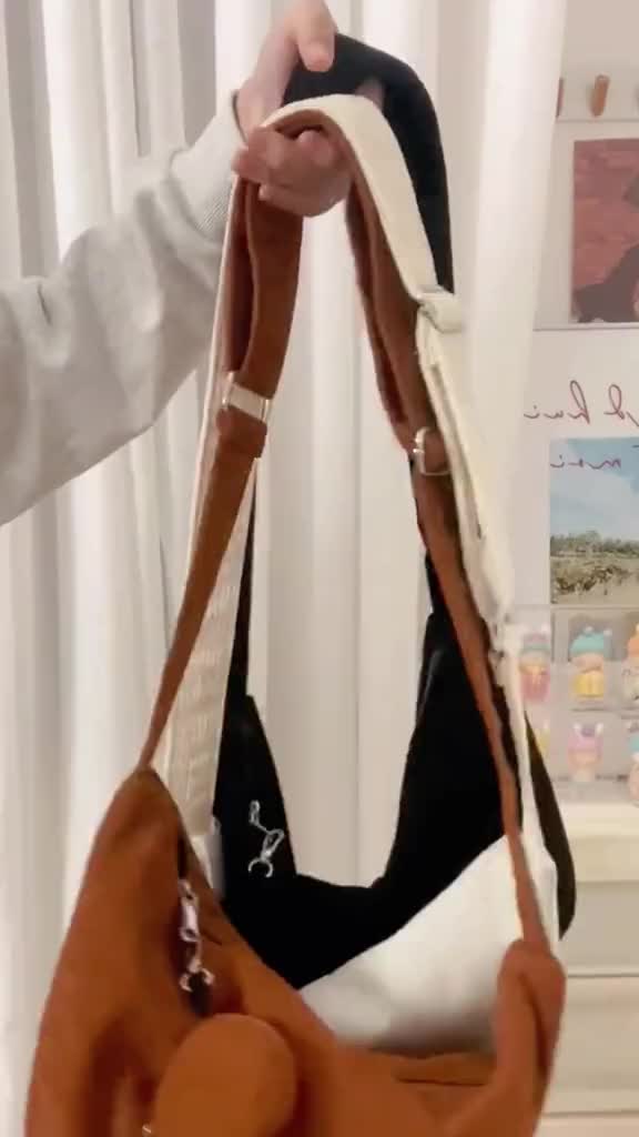 Ready! COD! Tas Pangsit Wanita Baru Korduroi Tas Selempang 2-in-1 Kapasitas Besar Komuter Tas Bahu Tas Mahasiswa Kekinian Lucu Korean Style Cewek Casual Corduroy Round Shoulder Sling Bag Hitam tascewek
