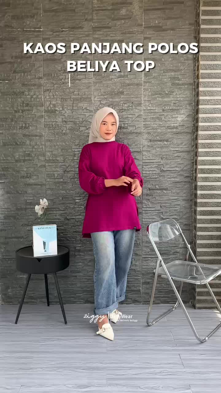 Beliya Top Ziggy Oversized Tangan Balon Non Busui Kaos Katun Combed Tebal Polos Wanita Muslim Jumbo Atasan Maroon Casual Kerja Baju Panjang Wudhu Friendly Formal Basic