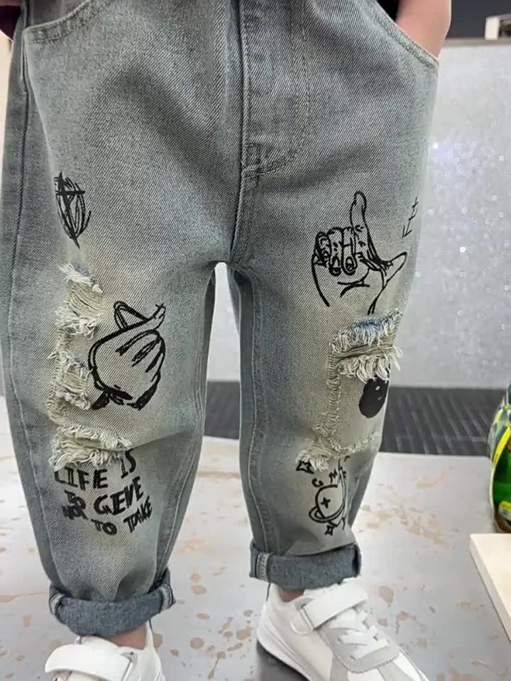 Starya Celana Jeans Anak Laki Laki Korean Style Celana Robek Panjang Jeans Graffiti Pattern Baggy Jeans Unisex 2-13 Tahun