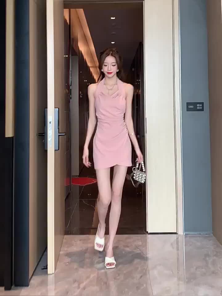 Moria QZ161 Halter Slim Skirt Sling Dress Gaun Rok Pinggul Bodycon Dress Seksi Wanita Sexy French Elegant Long Korean Style Dress Lengan Pendek Midi Pantai Wanita