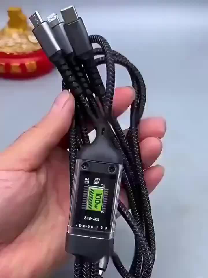 3 IN 1 100W Fast Charging Cable Lightning Type C USB Micro For iPhone 15 Samsung Xiaomi OPPO VIVO Pilot Lamp Digital Screen Charger Kabel Aluminium