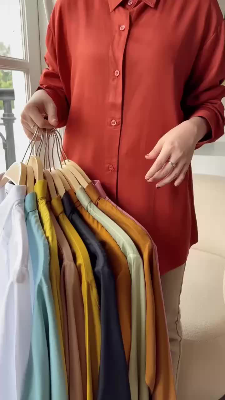 Kemeja Baju Treen Wanita Formal Warna Ungu Terong Bahan Rayon Twill Elegan Lengan Panjang Oversize Polos Size M-L-XL-XXL