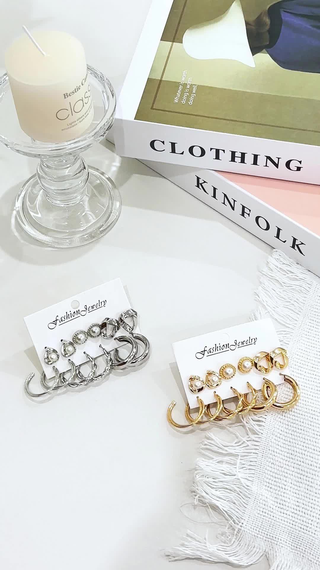 Vary Vase Korea Kepribadian Elegan Anting-Anting Persegi Emas Perak Perak Anting-Anting Bulat Mutiara  5-6 Pcs Set  Aksesoris Perhiasan Wanita  Paduan Perak anting  titanium  wanita