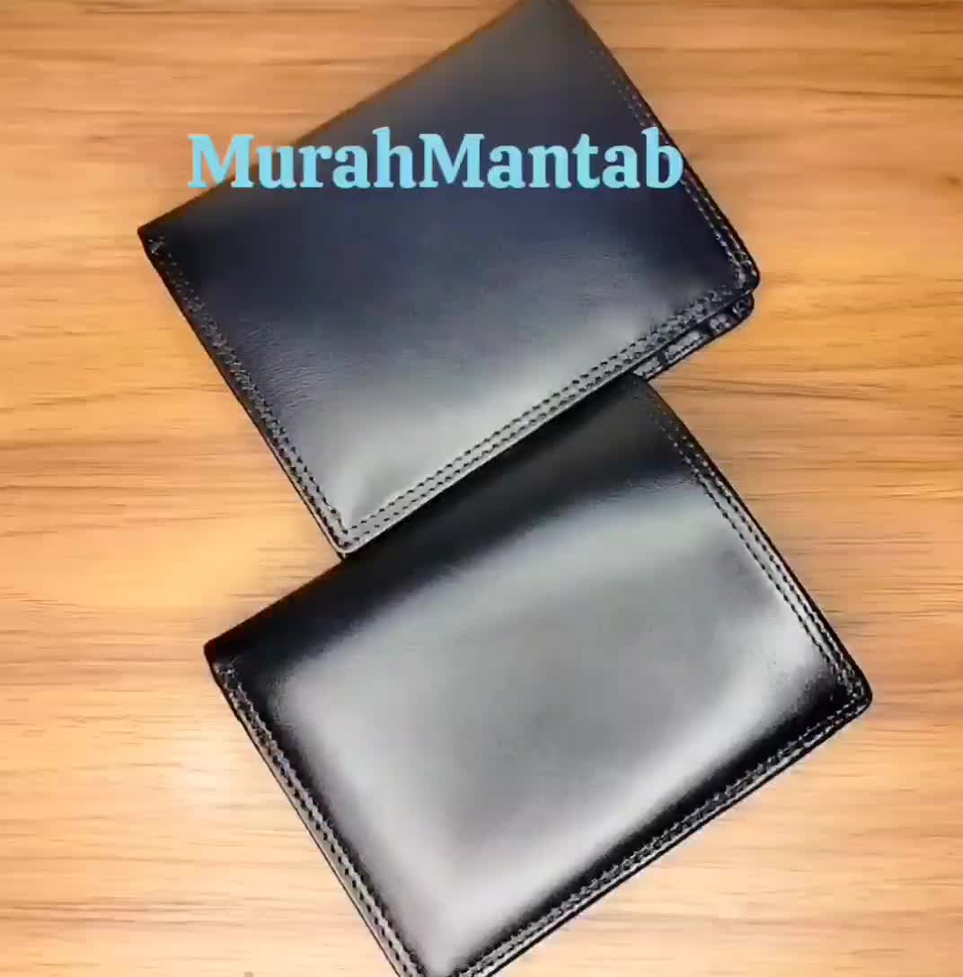 Dompet pria lipat tiga kulit asli jenis pull up warna hitam polos Uang Kartu
