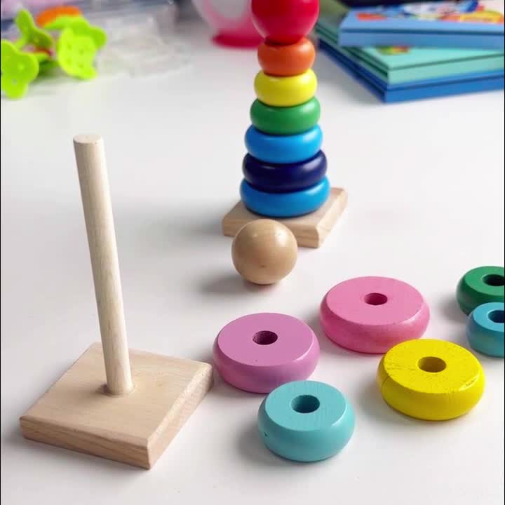 LAKOE Mainan Edukasi Anak Ring Donat Susun Rainbow Tower Puzzle Kayu Balok Blok